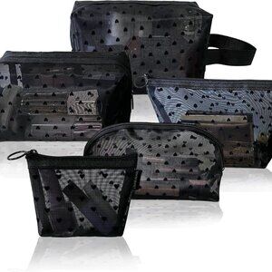 5 Pieces Zipper Mesh Cosmetic Bags Set, Mesh Heart Makeup Bags Toiletry Bags, Po